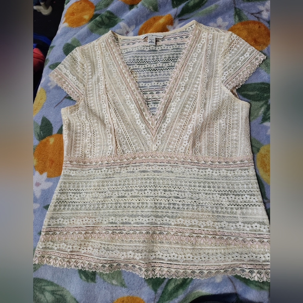 Banana Republic V-Neck Lace Blouse in Cream and Pink With Gold Accents